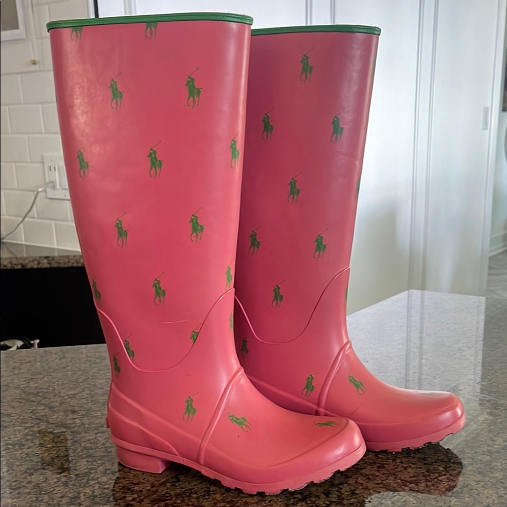 Polo by Ralph Lauren Pink Rain Boots with Green Polo guy
